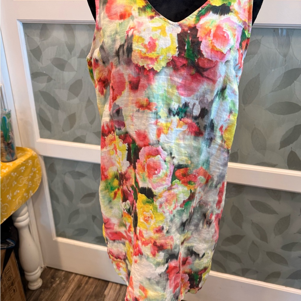 Vibrant Red and Yellow  Midi handmade Linen   Dress